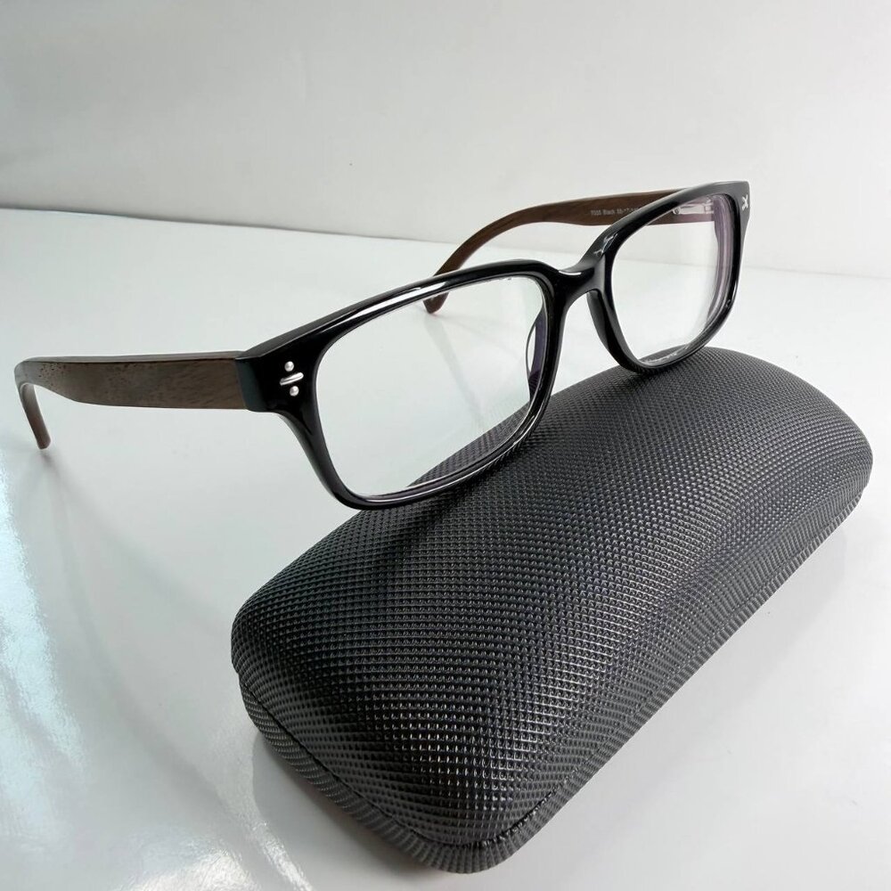 Derek Cardigan Designer Eyeglasses – Black Frame with Wood-Style Temples